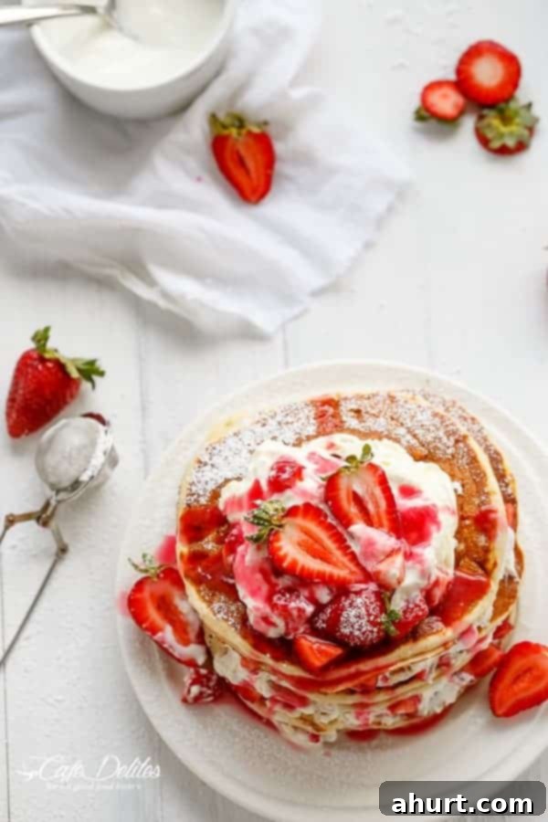 Top view image of Strawberry Shortcake Pancakes on plate decorated with some fresh strawberries aside