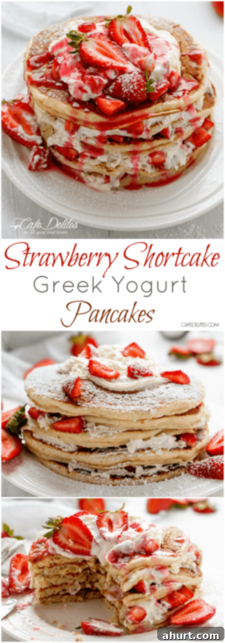 Strawberry Shortcake Greek Yogurt Flapjacks 8 PIN image of Strawberry Shortcake Pancakes