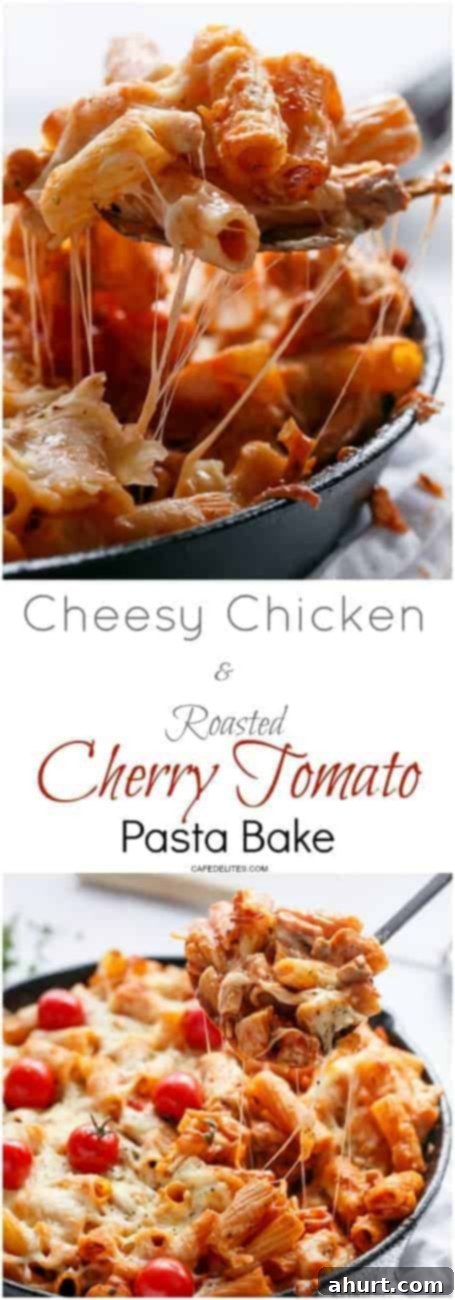 Golden Baked Chicken Pasta with Roasted Tomatoes & Melted Mozzarella 9 PIN image of Cheesy Chicken and Roasted Tomato Mozzarella Pasta Bake