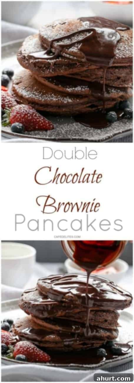PIN image of Double Chocolate Brownie Pancakes