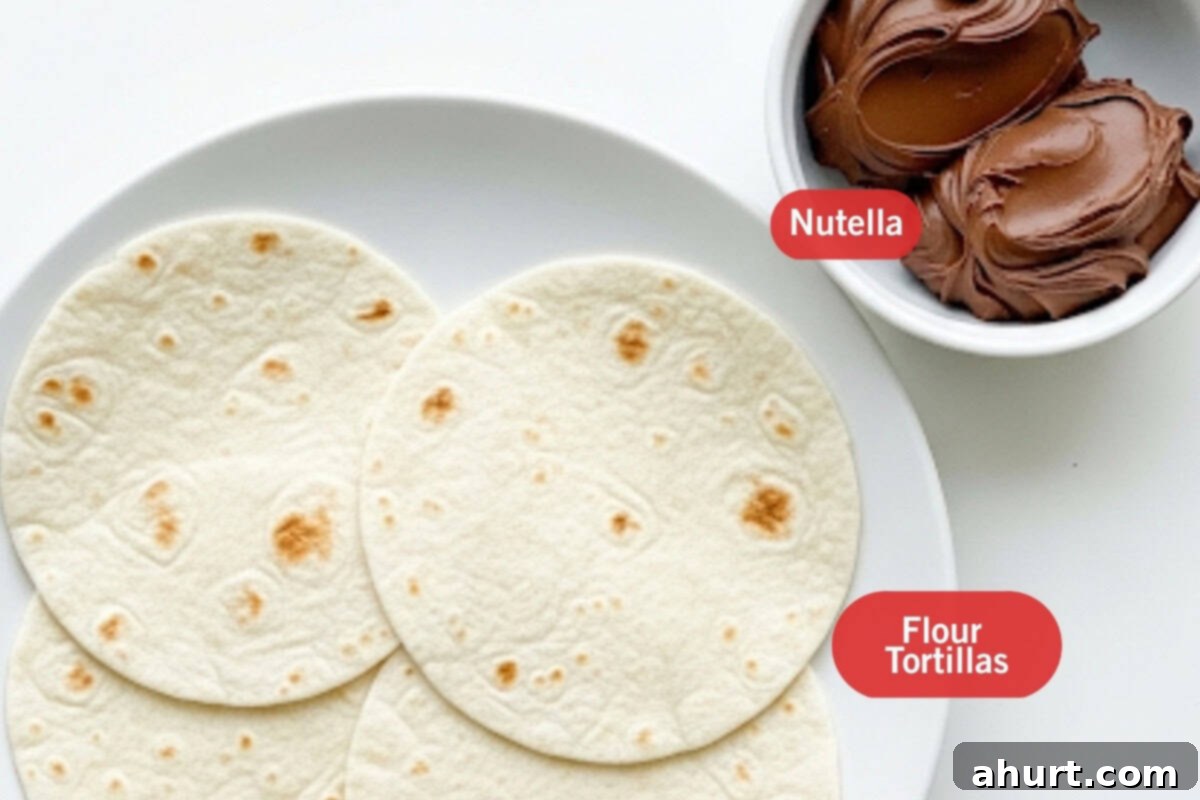 Easy Nutella Quesadillas 3 Flat lay photo of ingredient shot of mini flour tortillas, Nutella