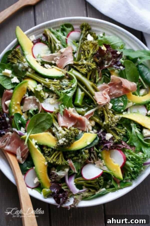 Broccolini, Prosciutto, Feta And Avocado Salad on a platter