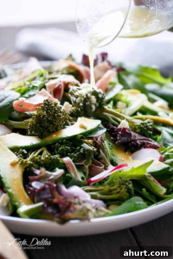 Side view image of Broccolini, Prosciutto, feta And Avocado Salad