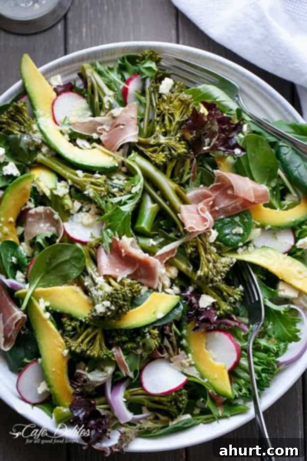 Top view image of Broccolini, Prosciutto, feta And Avocado Salad
