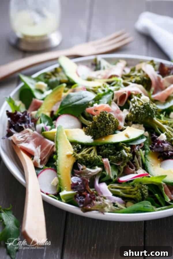 Side view of Broccolini, Prosciutto, feta And Avocado Salad