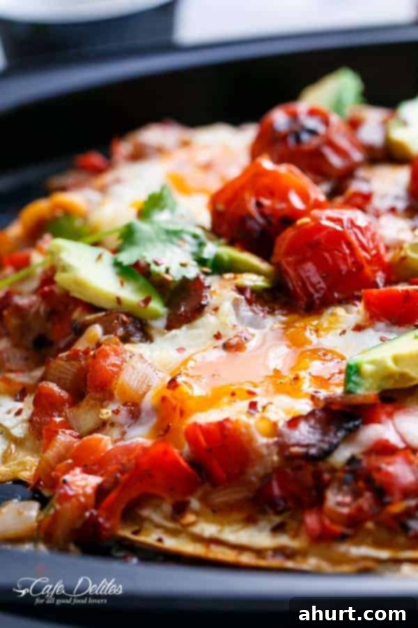 Huevos Rancheros Tortilla Pizza 8 Zoomed-in image of Huevos Rancheros Tortizza (Tortilla Pizza) showing the detailed texture of ingredients