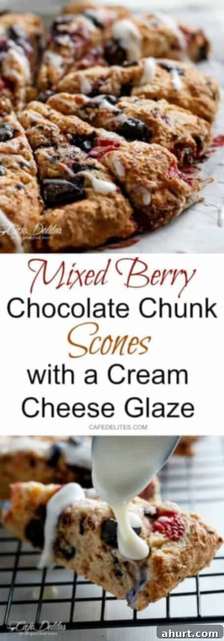 Luscious Berry Chocolate Buttermilk Scones with Cream Cheese Glaze 12 PIN image of Mixed Berry and Chocolate Chunk Buttermilk Scones with a Cream Cheese Glaze