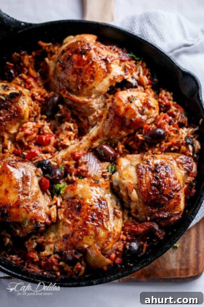 Tuscan Chicken and Rice Skillet 2 Top view image of One Pot Italian Sundried Tomato Chicken and Rice