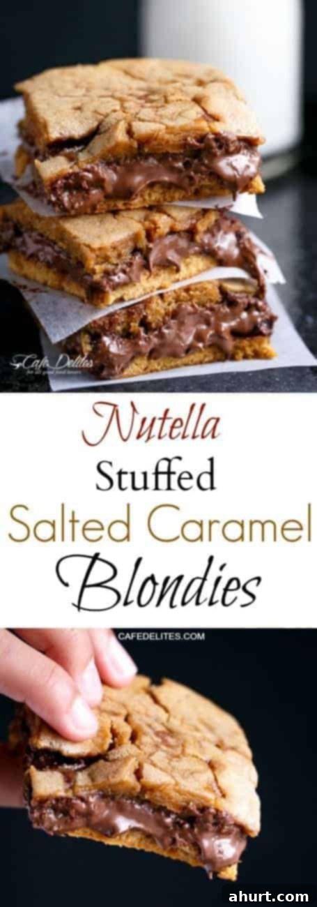 Gooey Nutella Stuffed Salted Caramel Blondies 11 PIN image of Nutella Stuffed Salted Caramel Blondies