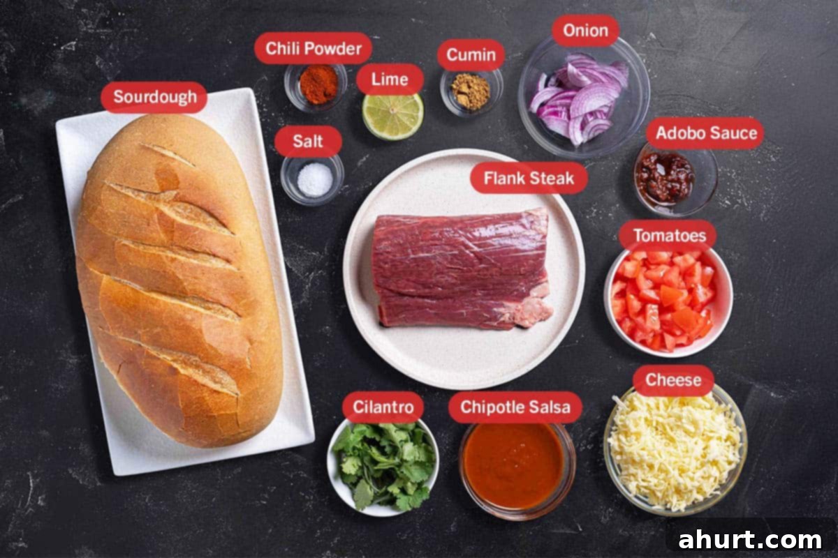 Savory Chipotle Carne Asada Pull Apart Loaf 3 image with all the needed ingredients for the preparation of this recipe, specifically: sourdough, salt, chili powder, lime, cumin, onion, adobo sauce, flank steak, tomatoes, cilantro, chipotle salsa, and cheese.