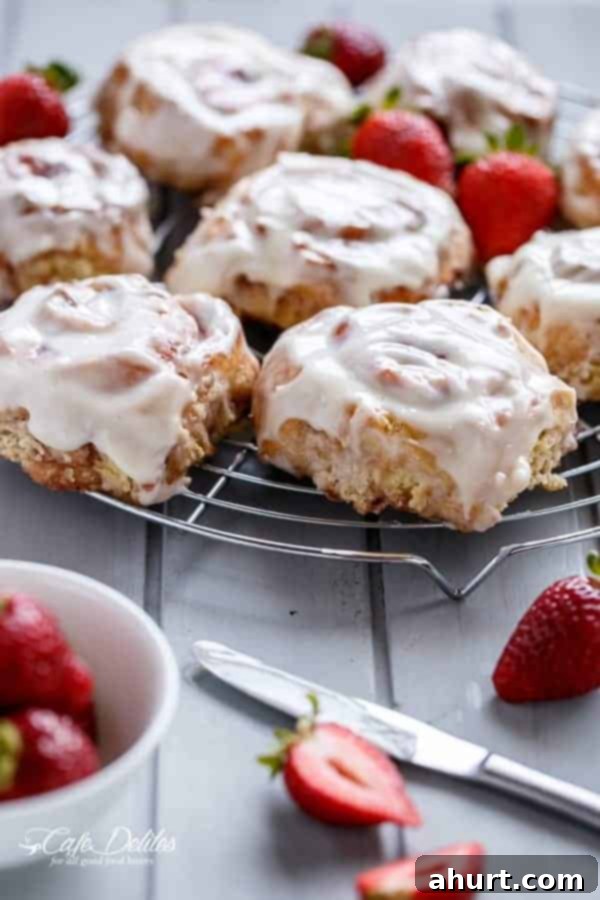 No Yeast Strawberries And Cream Cinnamon Rolls cooling on a wire rack