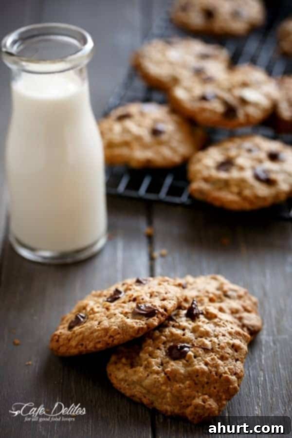Flourless Oatmeal Peanut Butter Chocolate Chip Cookies on a wooden plank