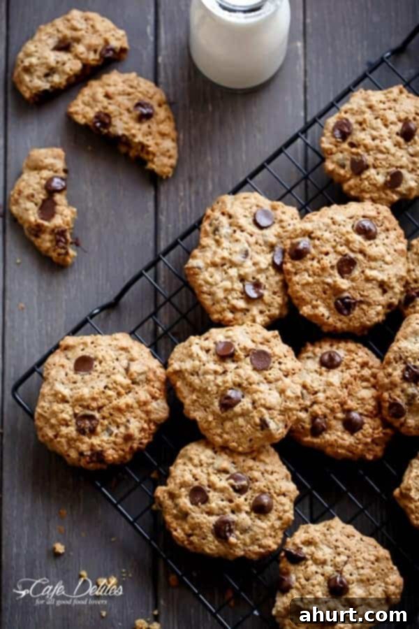 Flourless Oatmeal Peanut Butter Chocolate Chip Cookies on a cooling rack