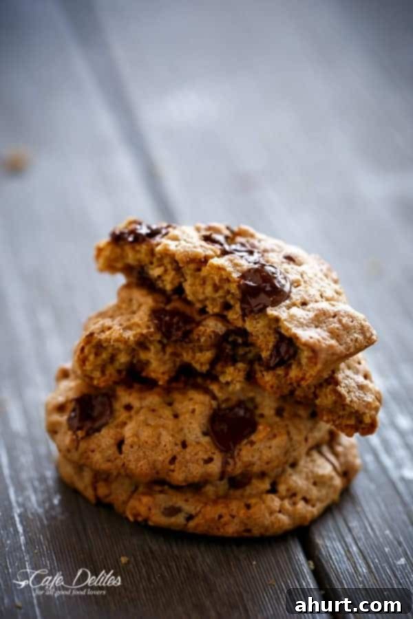 Flourless Oatmeal Peanut Butter Chocolate Chip Cookies stack on each other