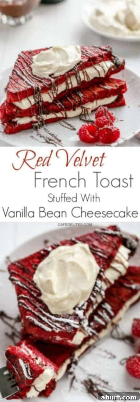 Signature Red Velvet French Toast 12 PIN image for Red Velvet French Toast with Vanilla Bean Cheesecake, styled for social media