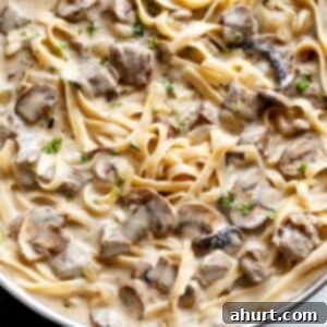 Velvety Beef Stroganoff with Earthy Mushrooms 11 Creamy Beef and Mushroom Stroganoff in a bowl, ready to serve.