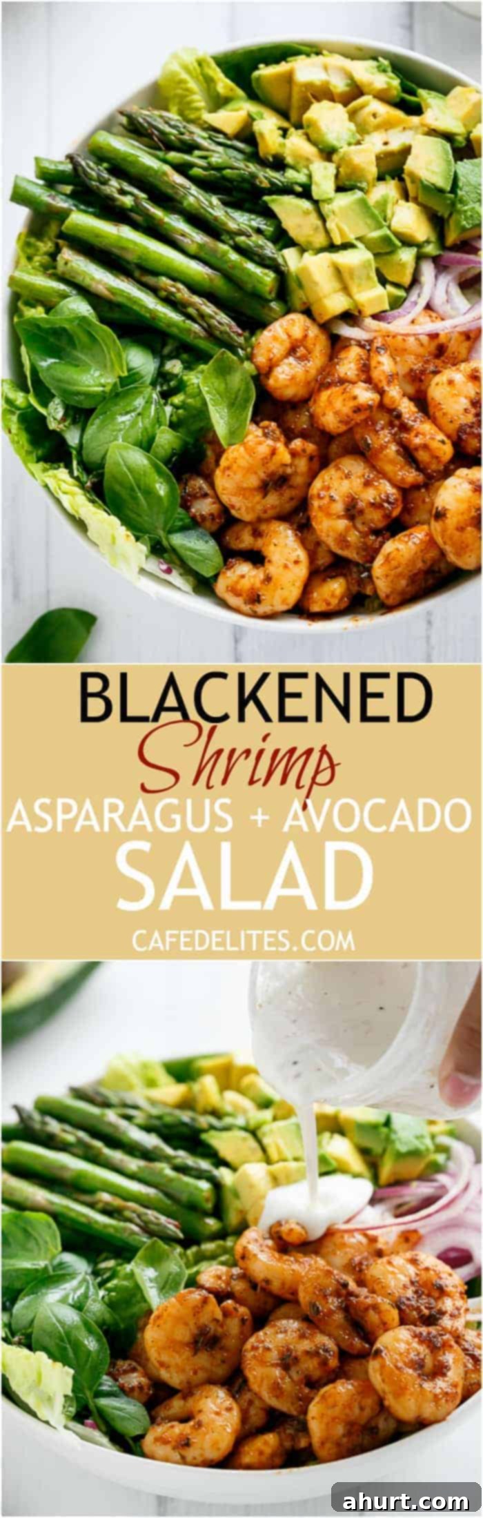 Seared Blackened Shrimp & Vibrant Green Salad 7 PIN image of Blackened Shrimp, Asparagus and Avocado Salad with Lemon Pepper Yogurt Dressing