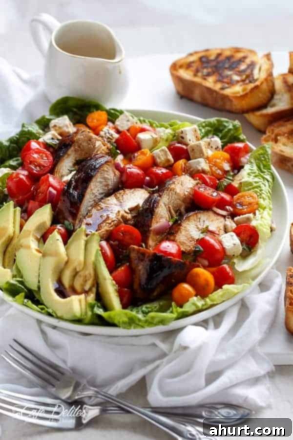 Side view image of Grilled Balsamic Chicken and Avocado Bruschetta 