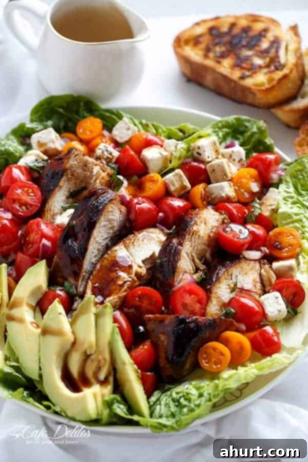 Grilled Balsamic Chicken and Avocado Bruschetta Salad on a platter