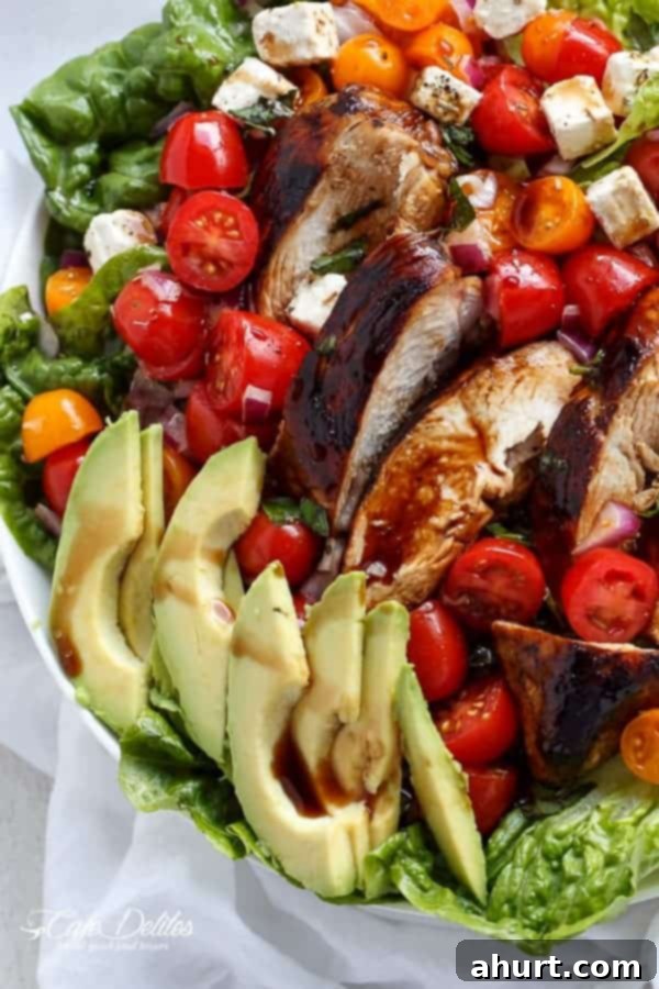 Top view zoom in image of Grilled Balsamic Chicken and Avocado Bruschetta Salad 