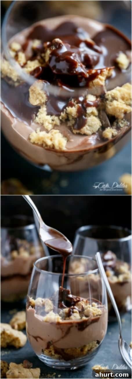 No Bake Nutella Chip Cookie Cheesecake Parfait 12 Collage image of Nutella + Cheesecake + Chocolate Chip Cookies + Nutella Fudge.