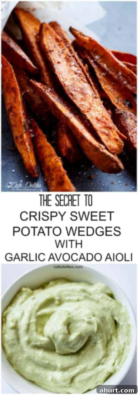 Golden Crispy Sweet Potato Wedges with Creamy Garlic Avocado Aioli 14 The Secret To Crispy Sweet Potato Wedges with Garlic Avocado Aioli PIN - An enticing image of golden sweet potato wedges ready for Pinterest.