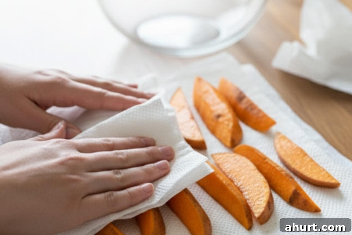 Golden Crispy Sweet Potato Wedges with Creamy Garlic Avocado Aioli 6 Thoroughly patting dry sweet potato wedges with paper towels.