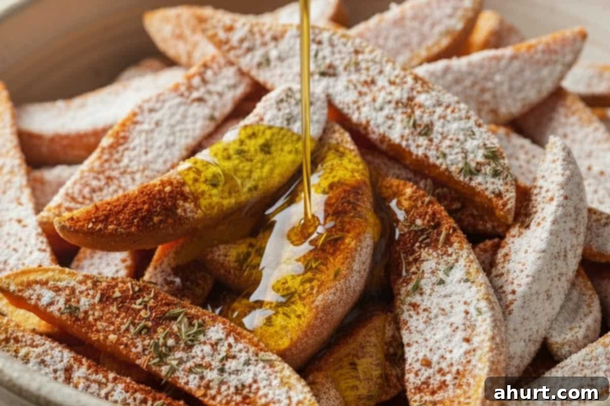 Golden Crispy Sweet Potato Wedges with Creamy Garlic Avocado Aioli 8 Drizzling olive oil over cornstarch-coated sweet potato wedges in a bowl before seasoning.