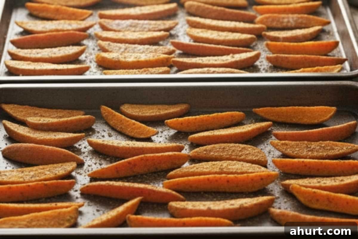 Golden Crispy Sweet Potato Wedges with Creamy Garlic Avocado Aioli 9 Sweet potato wedges arranged in a single layer on two hot baking trays, spaced apart for crispiness.