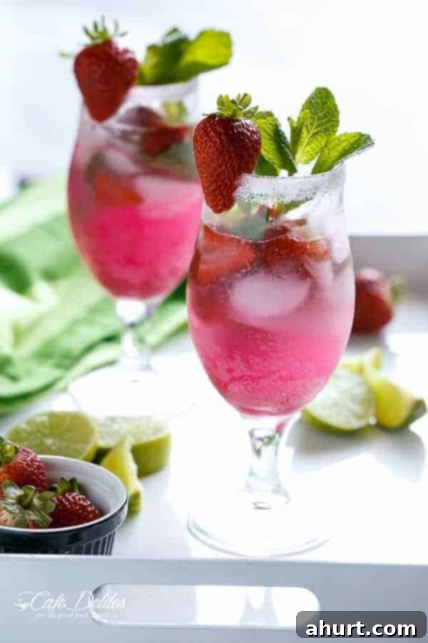 Vibrant Strawberry Coconut Mojito served in a tall glass, garnished with fresh mint and a strawberry slice.