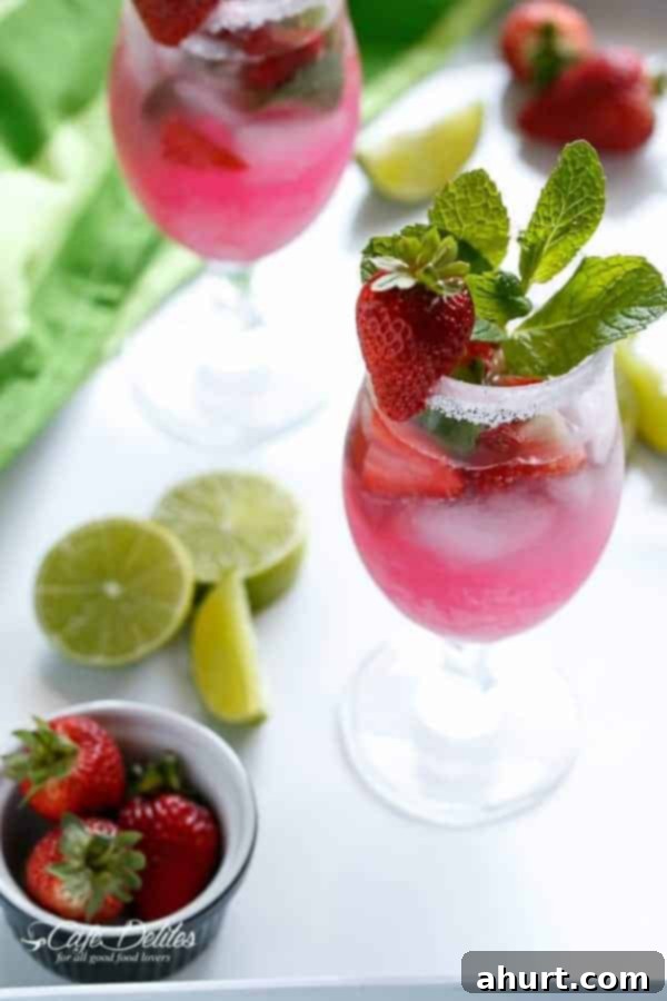 Four Strawberry Coconut Mojitos in elegant glasses, ready to be served, garnished with fresh mint and strawberry slices.