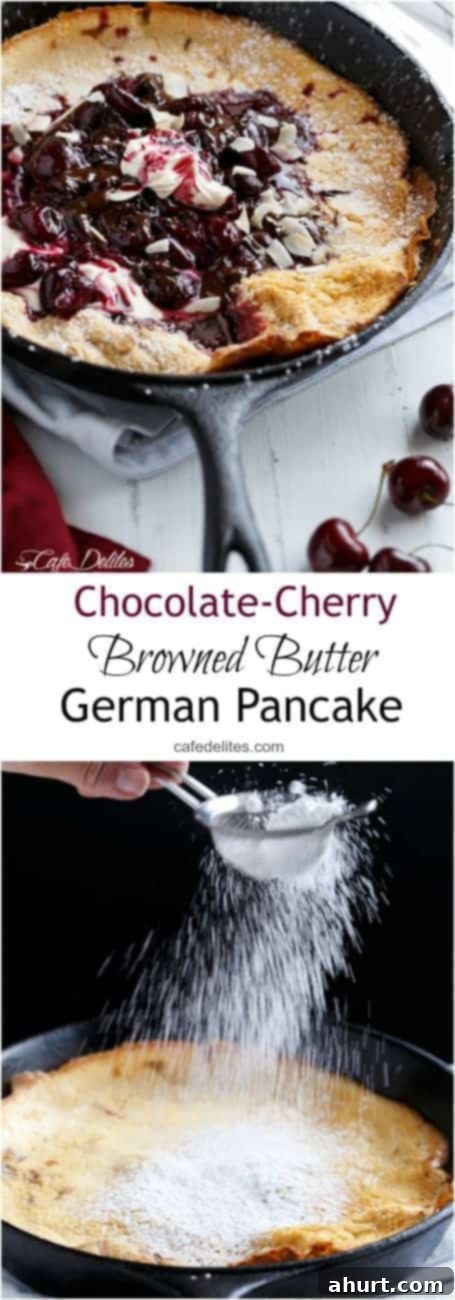 Toasted Butter Chocolate-Cherry Sky-High Pancake 10 PIN image of Chocolate-Cherry Browned Butter German Pancake