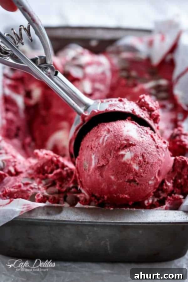 Decadent Red Velvet Cookie Dough Frozen Yogurt 3 A scoop being taken from a container of Red Velvet Cookie Dough Frozen Yogurt with a Vanilla Bean Cream Cheese Swirl, showing its creamy texture.