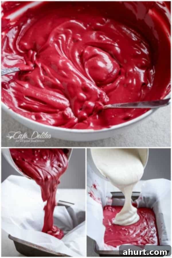 Decadent Red Velvet Cookie Dough Frozen Yogurt 5 Step-by-step collage showing how to prepare the Red Velvet Cookie Dough Frozen Yogurt and the Vanilla Bean Cream Cheese Swirl mixture.