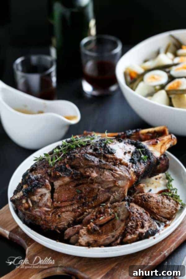 Perfectly cooked Sundried Tomato and Garlic Roast Lamb on a serving plate, sliced and garnished