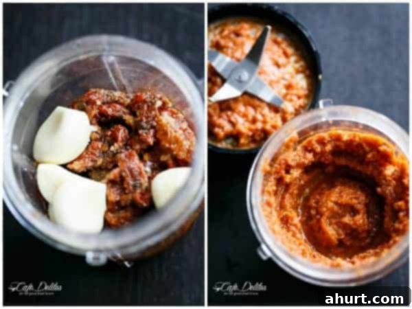 Close-up of the Sundried Tomato and Garlic paste being blended in a food processor