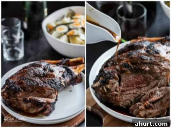 Collage showing Sundried Tomato and Garlic Roast Lamb being sliced and served with pan juices