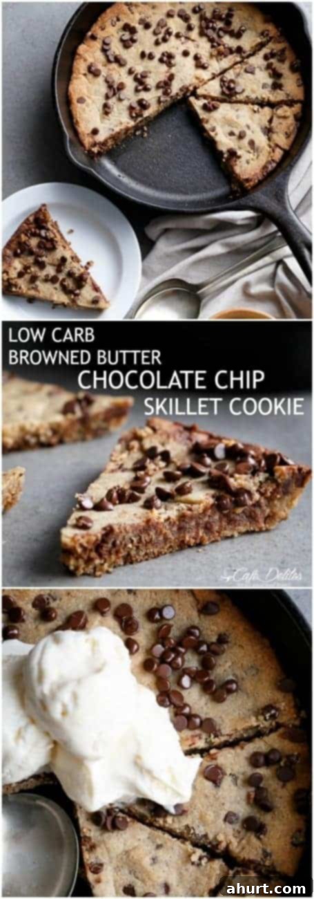 Keto Brown Butter Chocolate Chip Skillet Delight 8 Low Carb Browned Butter Chocolate Chip Skillet Cookie PIN Image - a perfect whole cookie in a skillet, ready for pinning.
