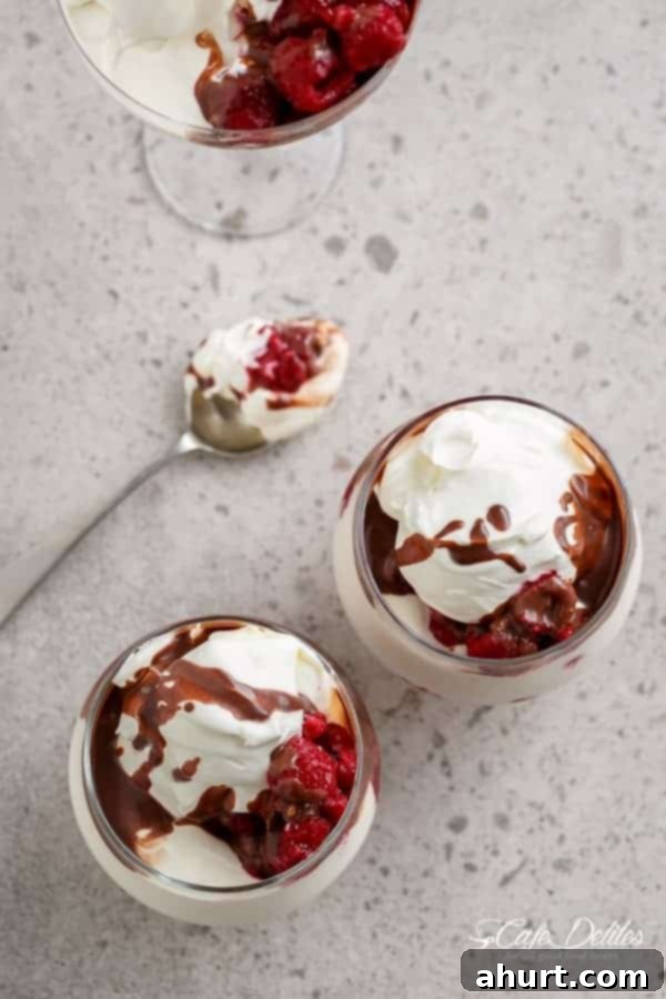 Decadent Kahlua Raspberry Cheesecake Parfaits 5 Top-down view of Creamy Kahlua Raspberry Cheesecake Parfaits, showing the decorative chocolate drizzle and raspberries.