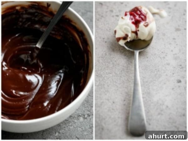 Decadent Kahlua Raspberry Cheesecake Parfaits 6 A bowl of chocolate cream with a spoon scooping a portion of Raspberry Cheesecake Parfait.
