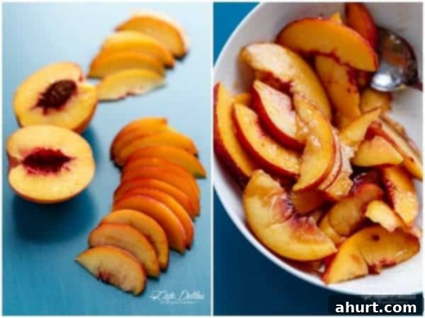 Low Carb Almond Peach Pie with Vanilla Bean Mascarpone Cream 5 A bowl filled with fresh peach slices mixed with vanilla, ready for the pie filling.