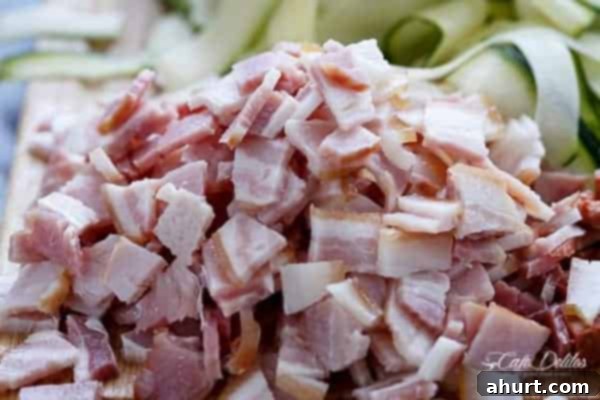 Zoodle Carbonara 6 Crispy diced bacon or pancetta, perfectly cooked to a golden brown, ready to be added to the Carbonara sauce.