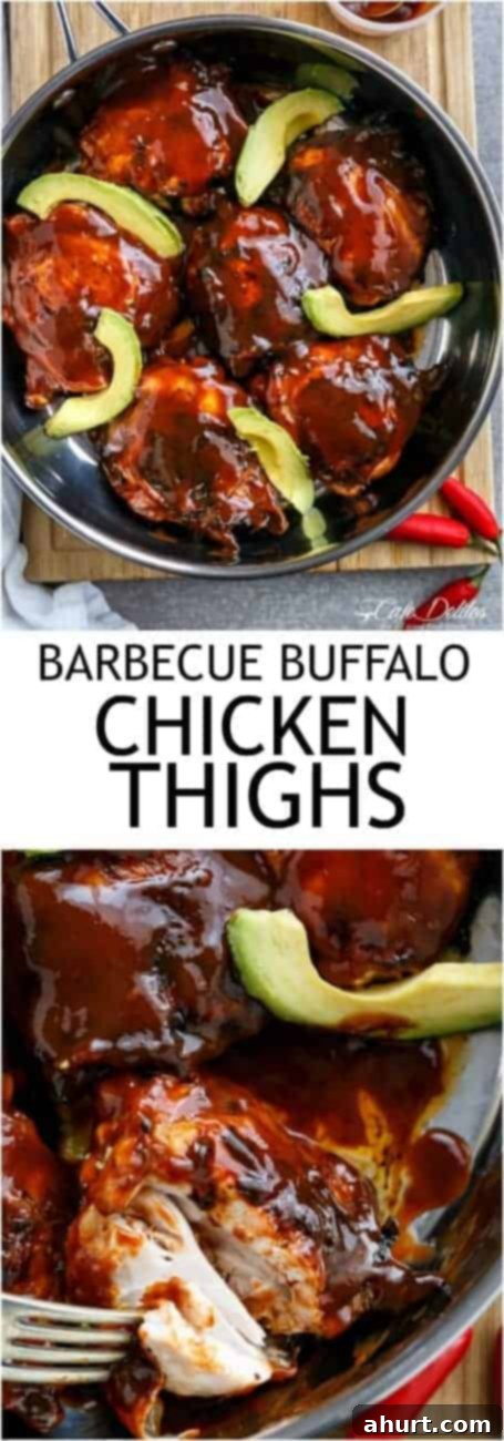 Tangy Barbecue Buffalo Chicken Thighs with Creamy Avocado 8 PIN image of a beautifully plated Crispy Barbecue Buffalo Chicken Thigh with Avocado slices, inviting readers to save the recipe.