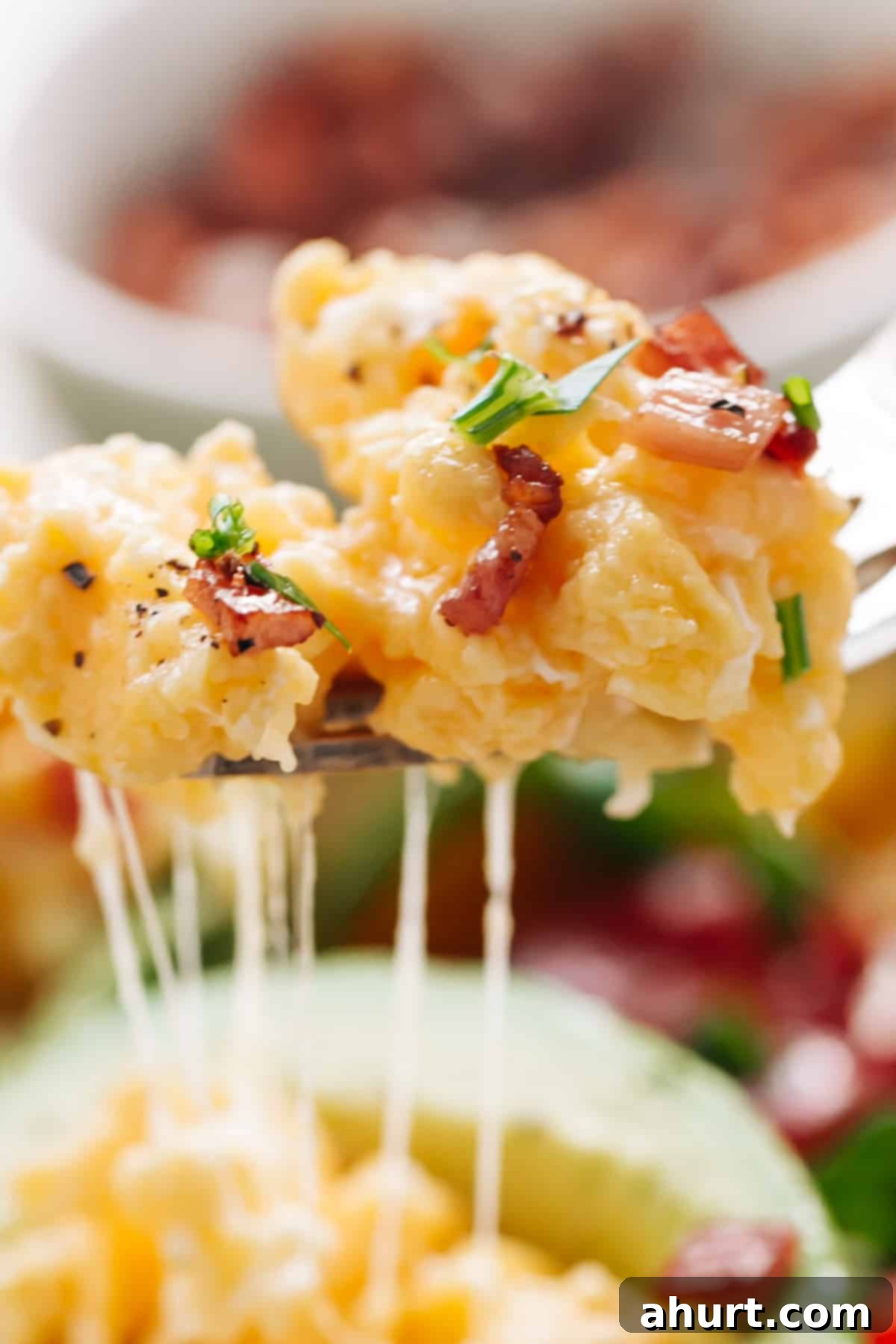 Avocado Scrambled Egg Boats 3 A scoop of soft scrambled eggs with stringy cheese and crispy bacon on a silver fork, looks amazing !