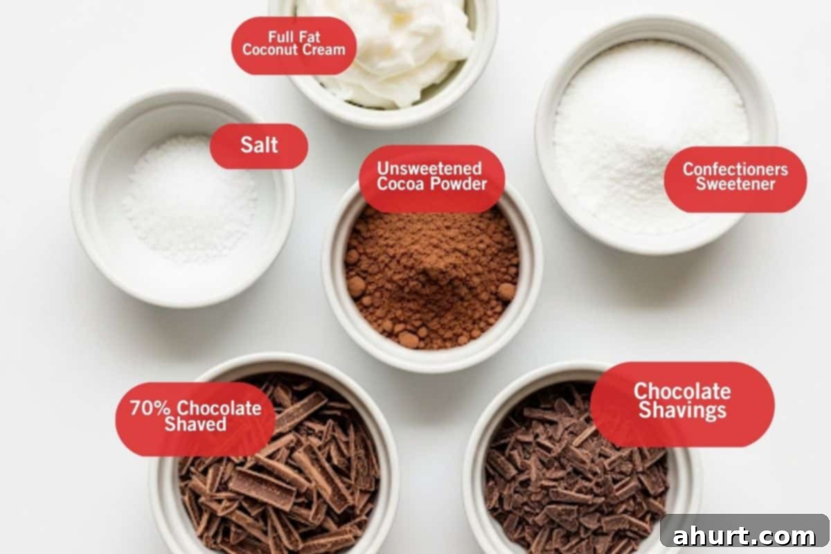 Effortless Double Chocolate Indulgence 3 Flat lay photo of ingredient shot of full fat coconut cream, salt, unsweetened cocoa powder, confectioners sweetener, 70% chocolate shaved, chocolate shavings