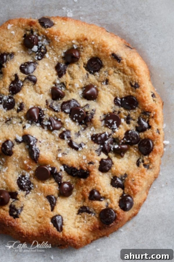 An overhead view of a freshly baked single serve jumbo low carb chocolate chip cookie, showcasing its golden brown edges, soft center, and generously distributed melted chocolate chips.
