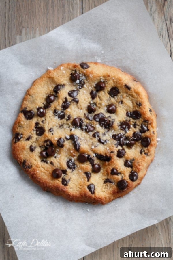 A perfectly baked single serve jumbo low carb chocolate chip cookie cooling on parchment paper, showcasing its crispy edges and soft, inviting center.