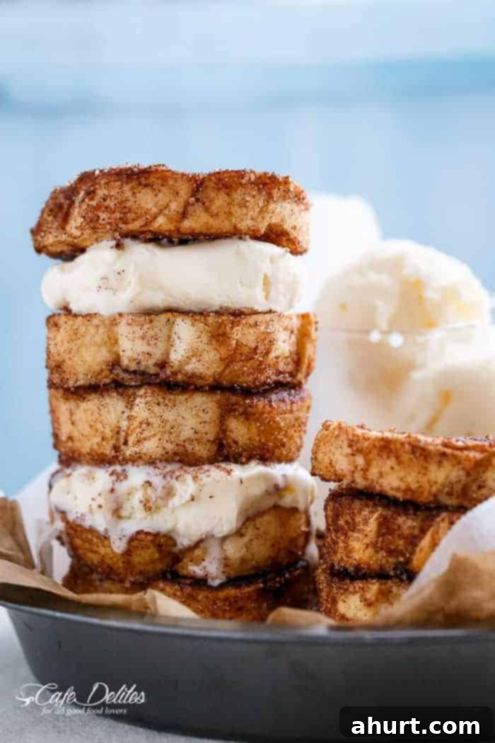 Decadent Churro French Toast Ice Cream Sandwich 2 Crispy, buttery Churro French Toast Ice Cream Sandwiches, a perfect sweet breakfast or dessert.