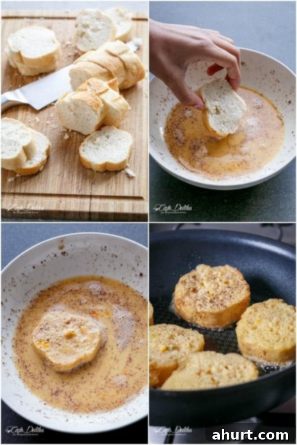 Decadent Churro French Toast Ice Cream Sandwich 5 A step-by-step collage showing how to prepare Churro French Toast slices.