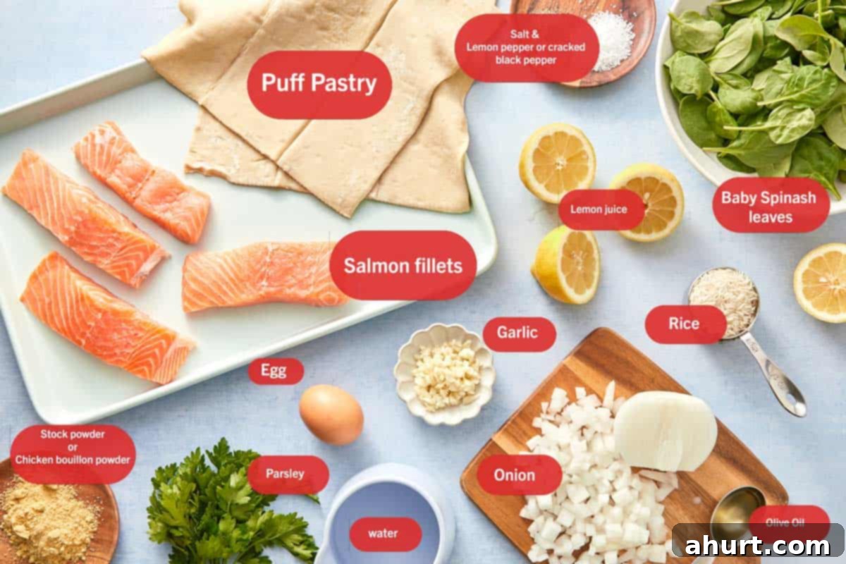 Flaky Salmon and Spinach Pockets 3 Top-down view of labeled ingredients for Puff Pastry Salmon Parcels.